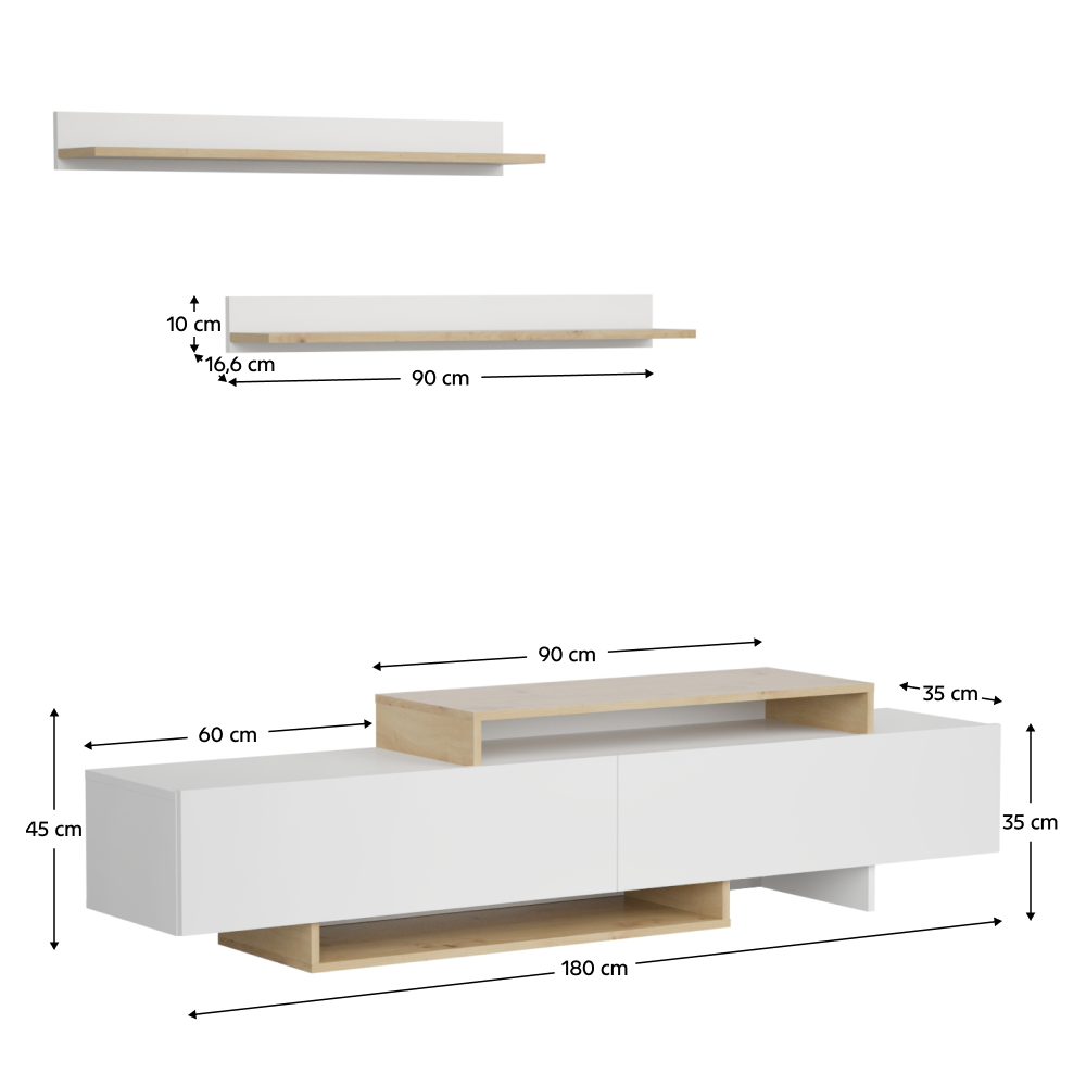 Mobilier de perete living MILONA, alb/stejar artisan