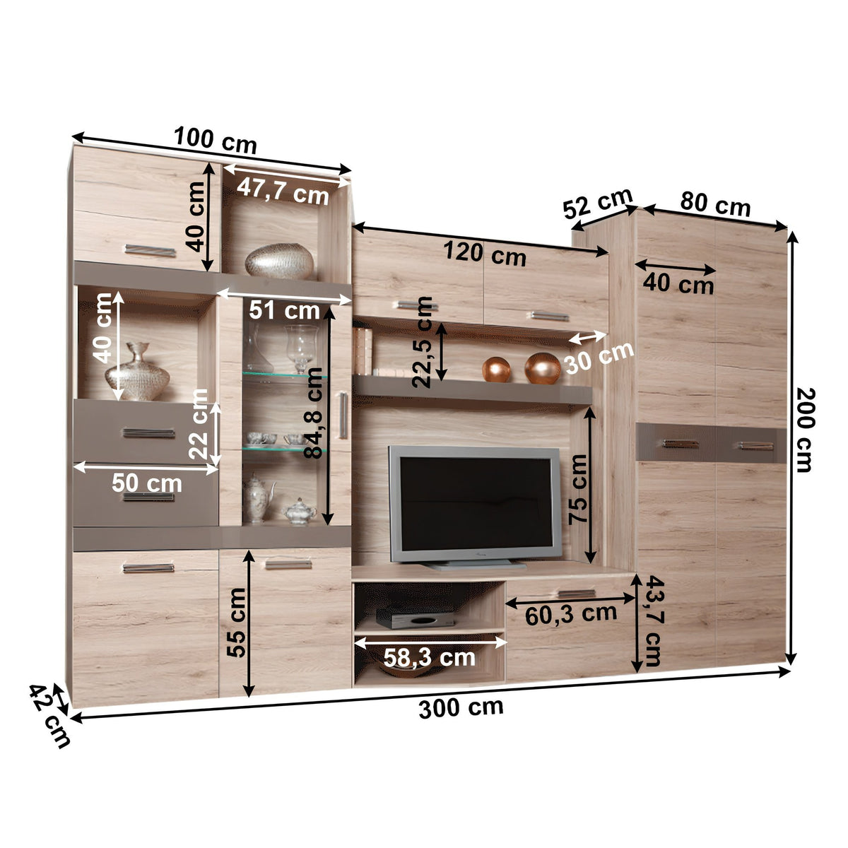 Mobilă living Assor – schiță cu dimensiuni