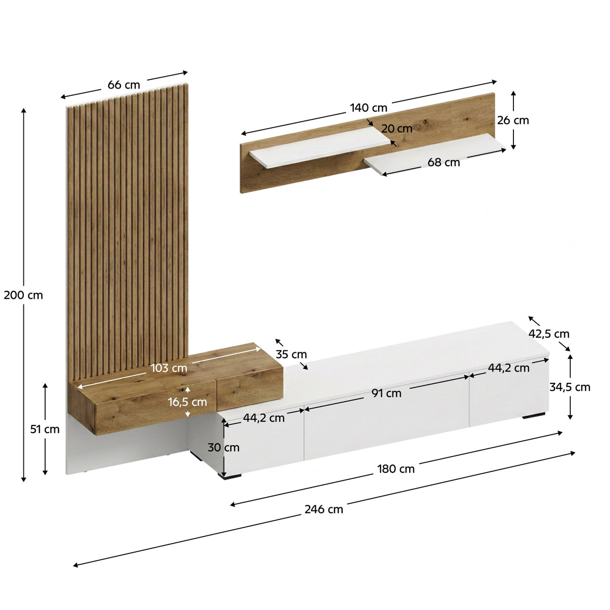 Mobilă living Rebeka – schiță cu dimensiuni