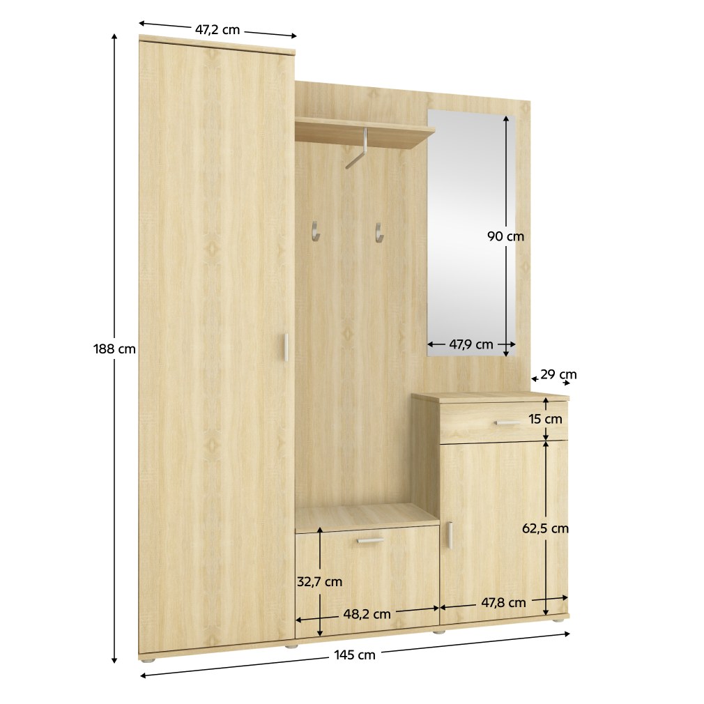 Mobilier hol Amalia – schiță cu dimensiuni