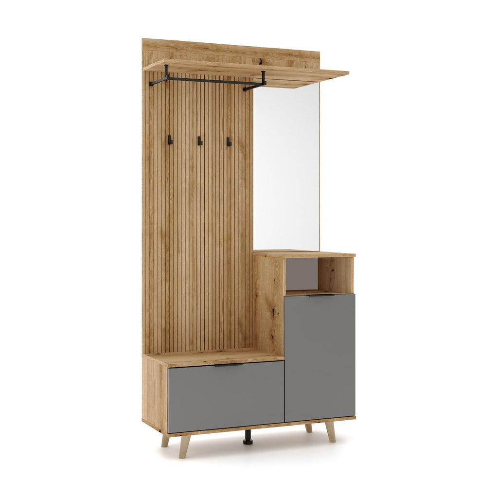 Mobilier hol Nodri, maro și gri, vedere din față