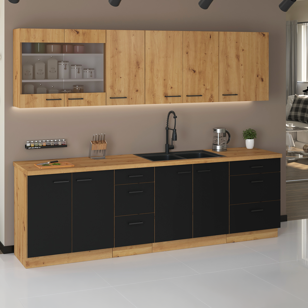 Dulap bucatarie MONRO, stejar artisan / negru mat