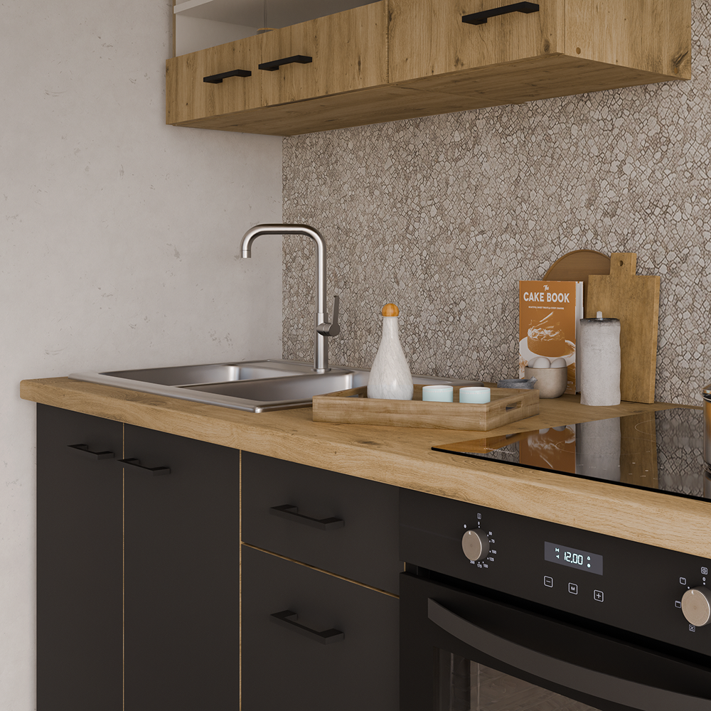 Dulap bucatarie MONRO, negru mat / stejar artisan
