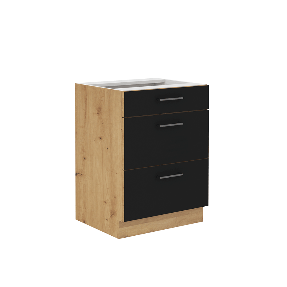 Dulap inferior cu sertare MONRO 60 D 3S BB, negru mat/stejar artizan