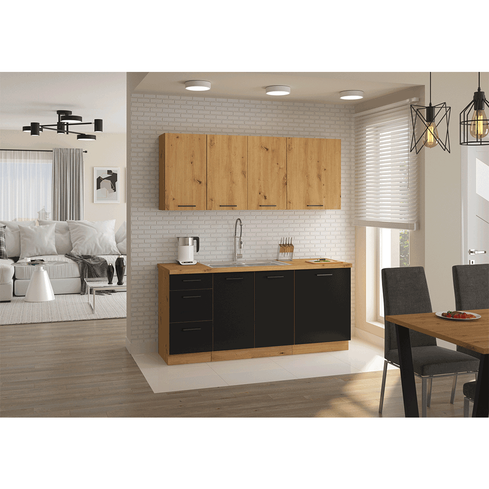 Dulap bucatarie MONRO, negru mat / stejar artisan