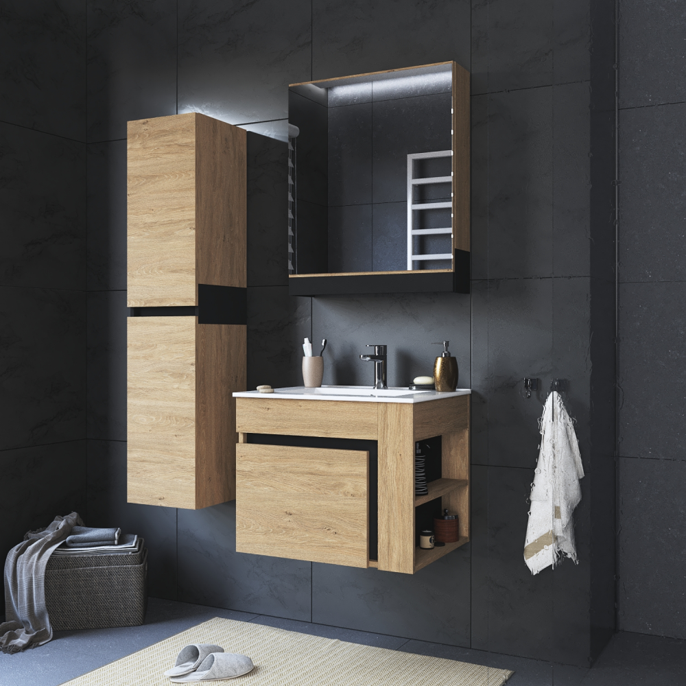 Mobilier baie MOURO, stejar auriu / negru
