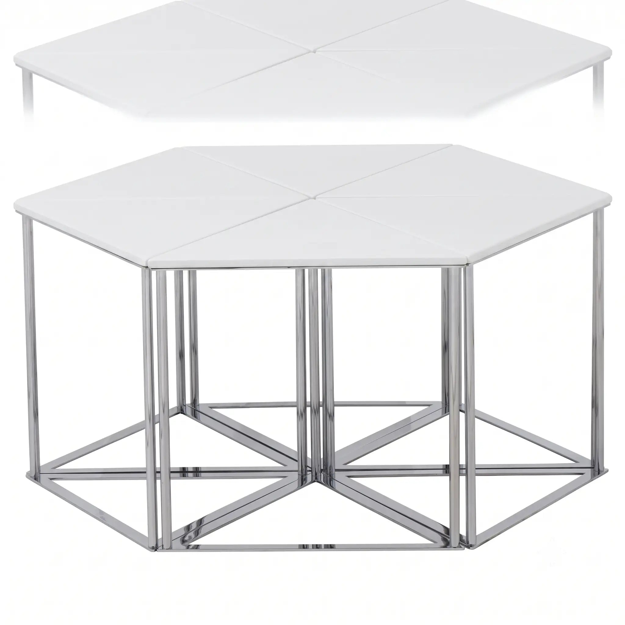 Set Masuta de cafea hexagonala Neo cu 6 piese de lux din MDF alb - Argintiu – Maxinova (imaginea 1)