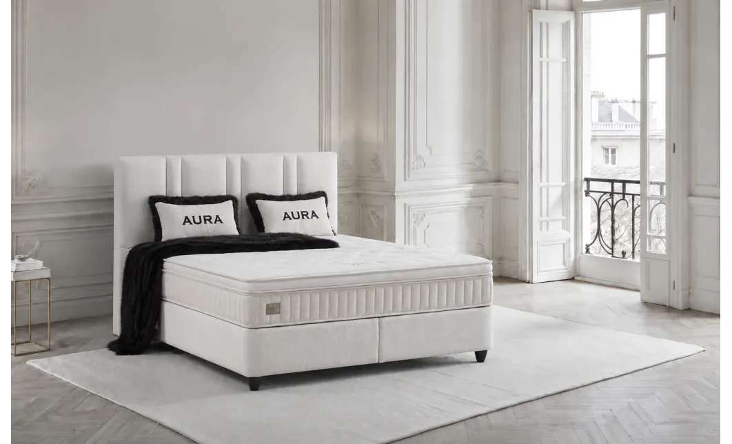 Pat tapitat cu somiera, alb, 160x200 cm, Aura Sleep