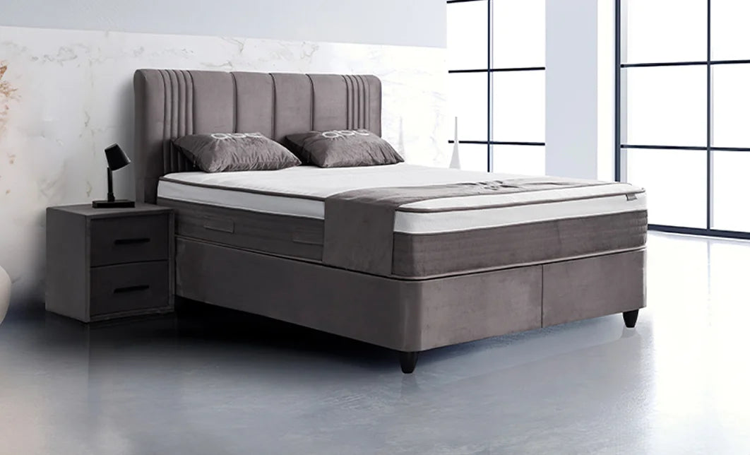 Set pat tapitat cu saltea inclusa, bej, 160x200 cm, Belicia