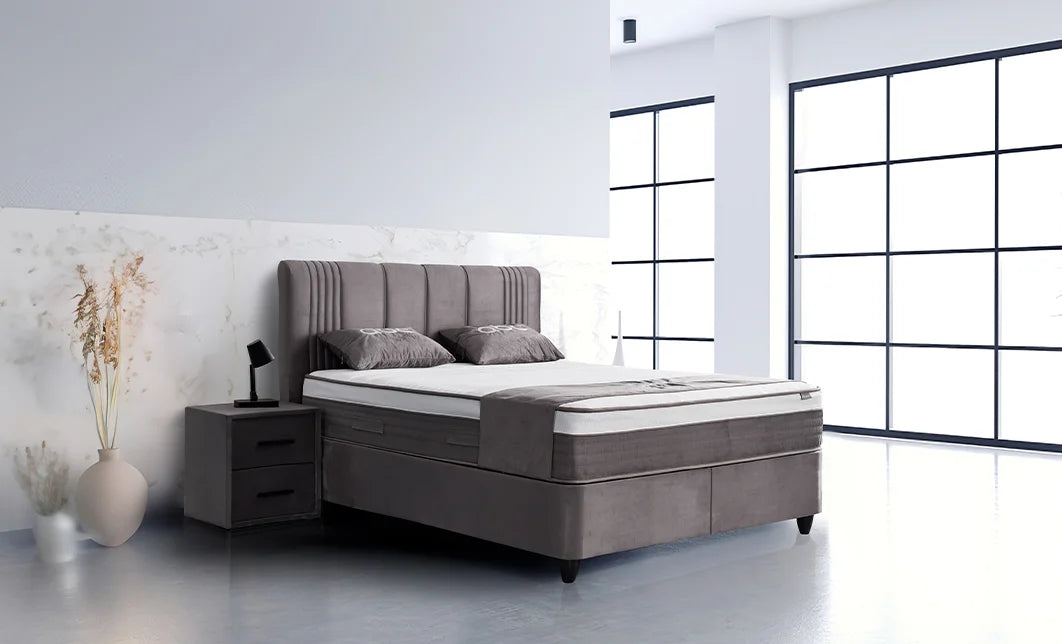 Set pat tapitat cu saltea inclusa, bej, 160x200 cm, Belicia