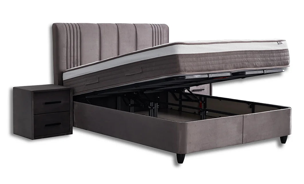 Set pat tapitat cu saltea inclusa, bej, 160x200 cm, Belicia