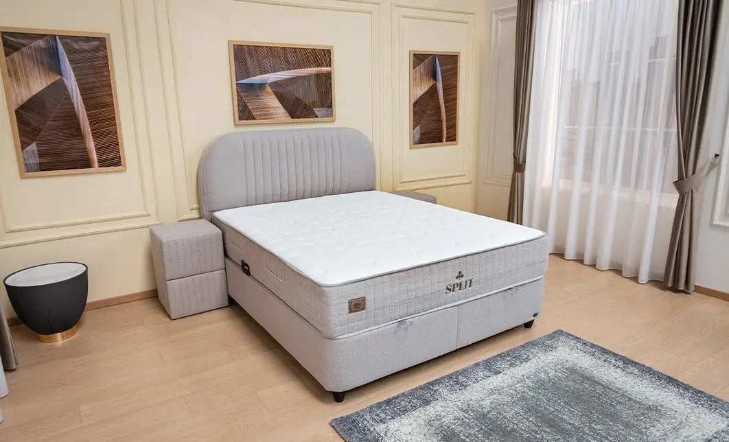 Set pat tapitat cu somiera cu saltea inclusa, gri deschis, 160x200 cm, Split