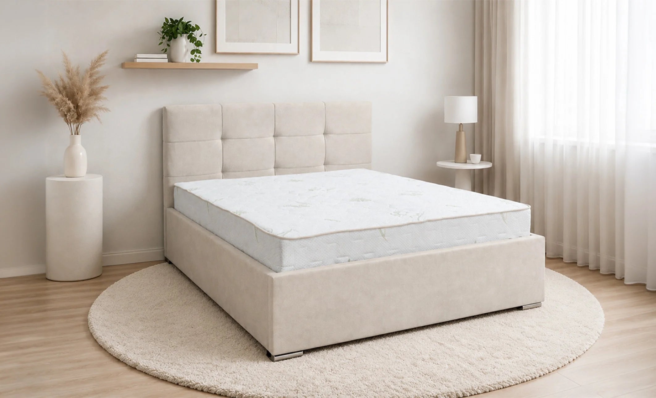 Set Pat, Tapitat Fresh, cu Saltea si Somiera Rabatabila, Ecru 180x200
