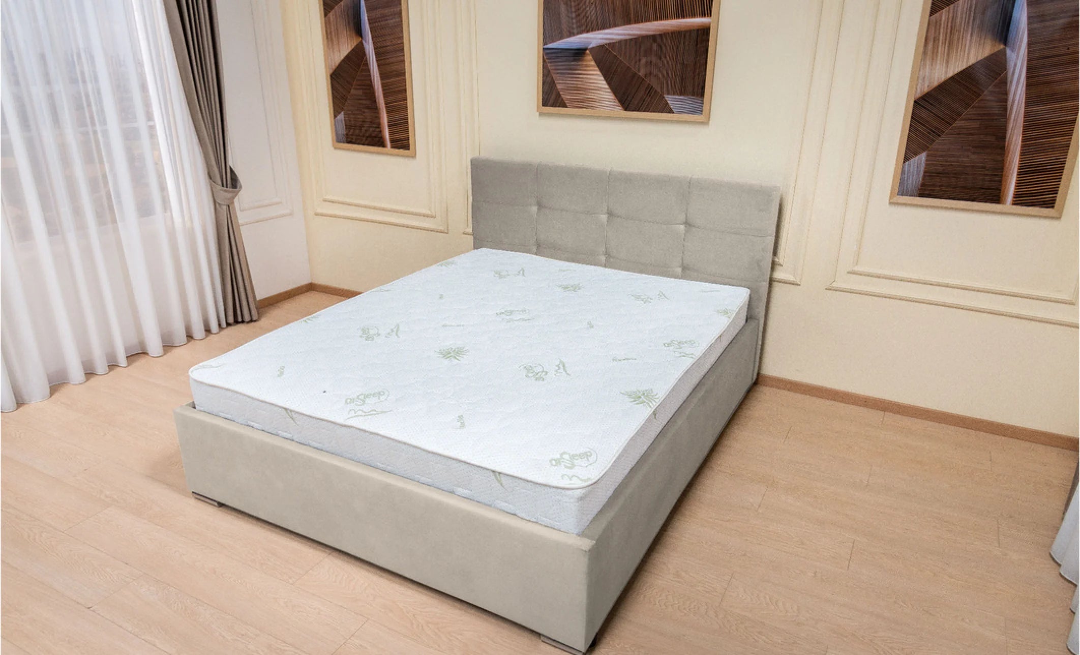 Set Pat, Tapitat Fresh, cu Saltea si Somiera Rabatabila, Ecru 180x200