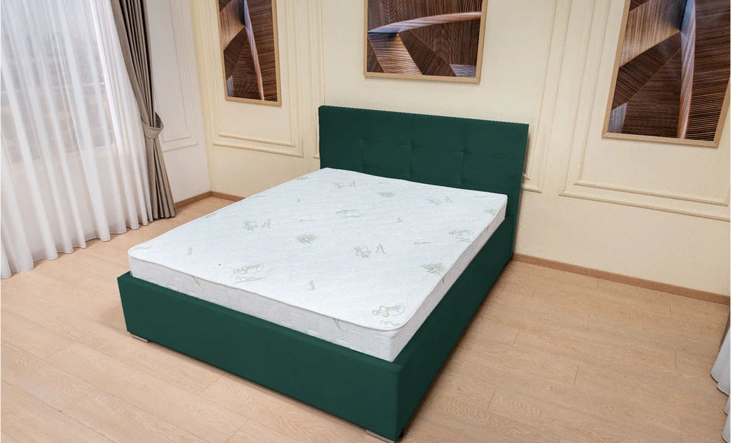 Set pat tapitat cu somiera rabatabila cu saltea inclusa, verde smarald, 160x200 cm, Fresh