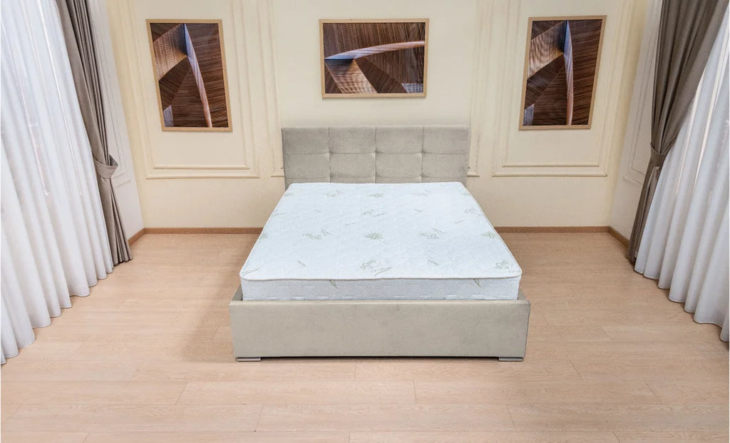 Set pat tapitat cu somiera rabatabila cu saltea inclusa, ecru, 180x200 cm, Fresh