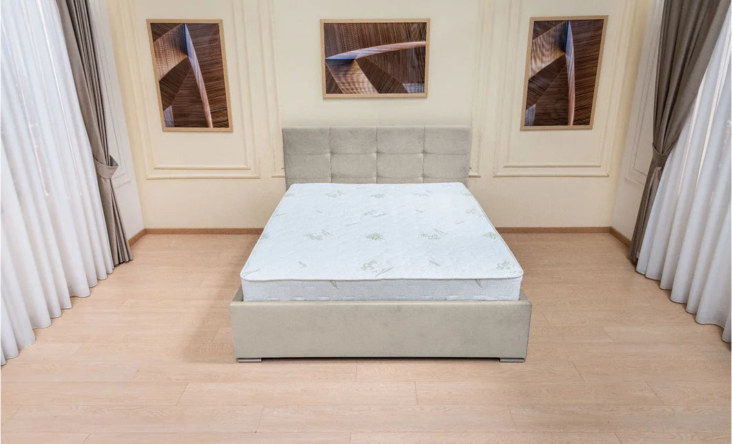 Set pat tapitat cu somiera rabatabila cu saltea inclusa, ecru, 180x200 cm, Fresh