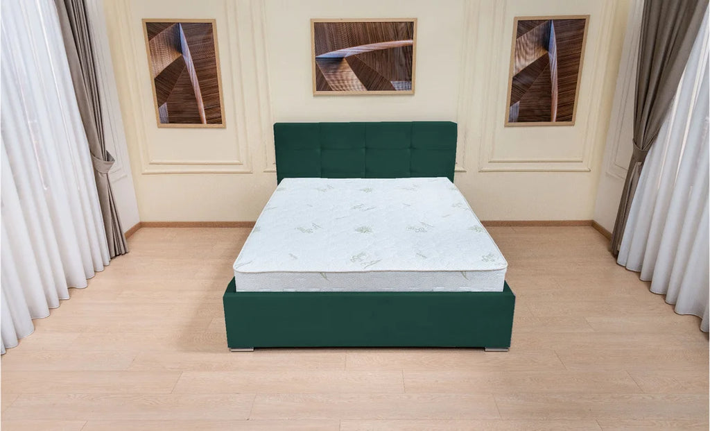 Set pat tapitat cu somiera rabatabila cu saltea inclusa, verde smarald, 160x200 cm, Fresh