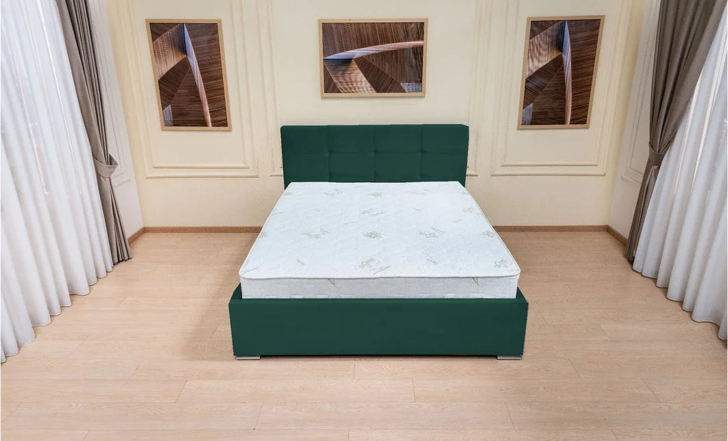 Set pat tapitat cu somiera rabatabila cu saltea inclusa, verde smarald, 160x200 cm, Fresh