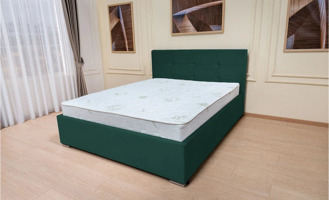 Set pat tapitat cu somiera rabatabila cu saltea inclusa, verde smarald, 160x200 cm, Fresh