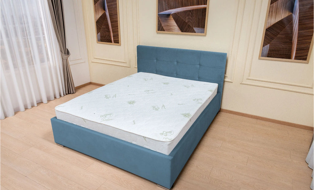 Set Pat, Tapitat Fresh, cu Saltea si Somiera Rabatabila, Albastru 140x200