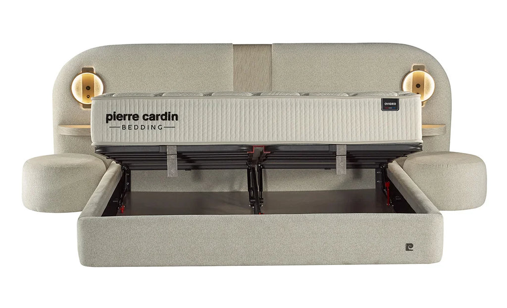 Pat tapitat Pierre Cardin cu somiera cu spatiu de depozitare, bej, 160x200 cm, Oviedo