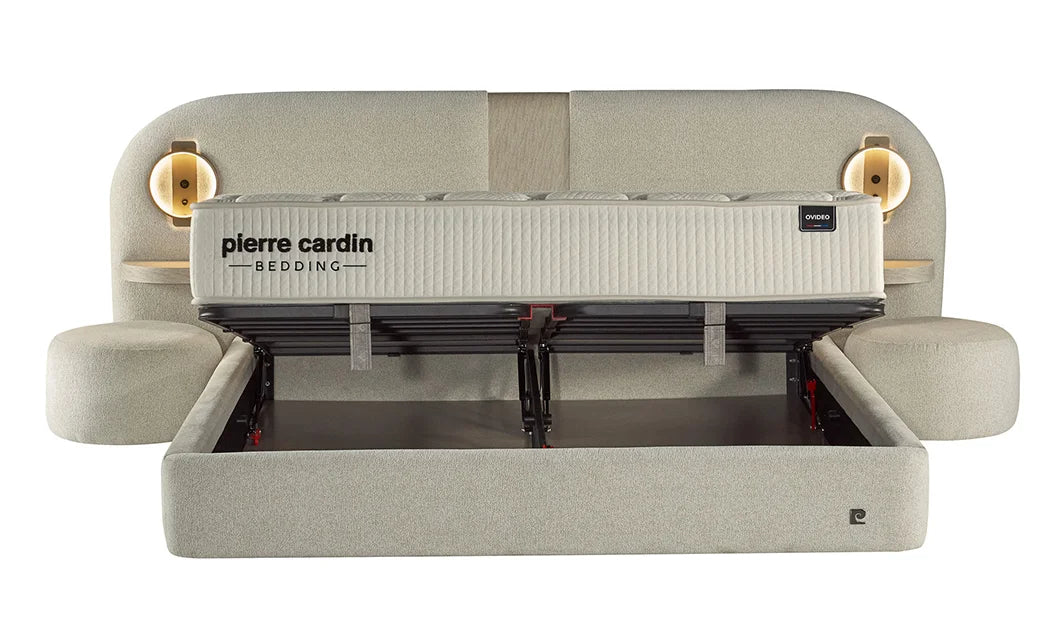 Pat tapitat Pierre Cardin cu somiera cu spatiu de depozitare, bej, 160x200 cm, Oviedo