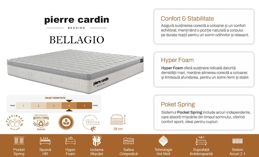 Saltea Pierre Cardin cu arcuri pocket, ferma, 160x200x28 cm, Bellagio