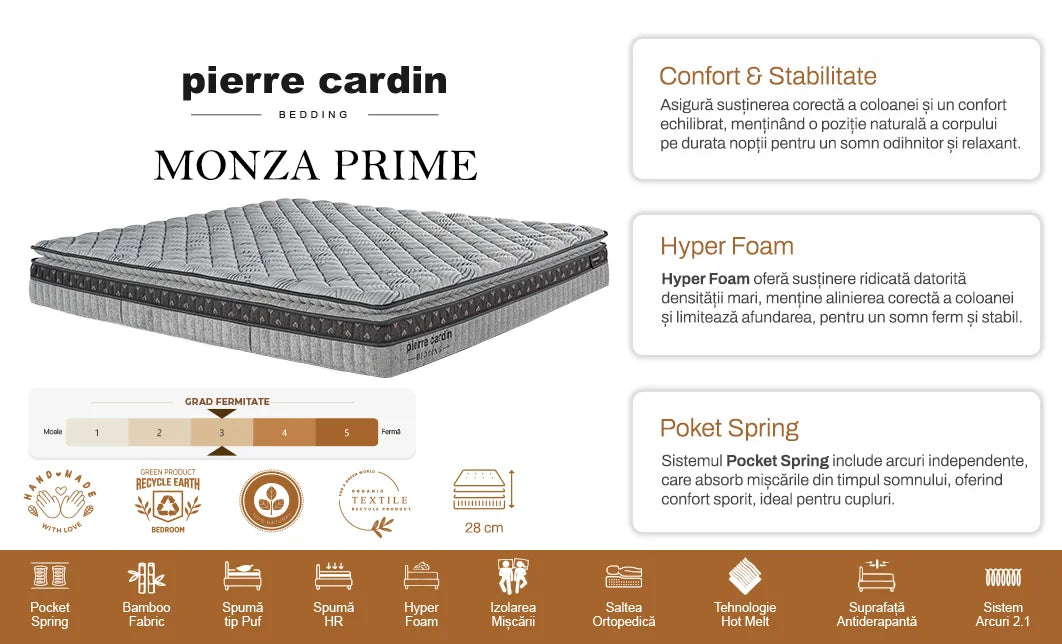 Saltea Pierre Cardin cu arcuri pocket, medie, 160x200x28 cm, Monza