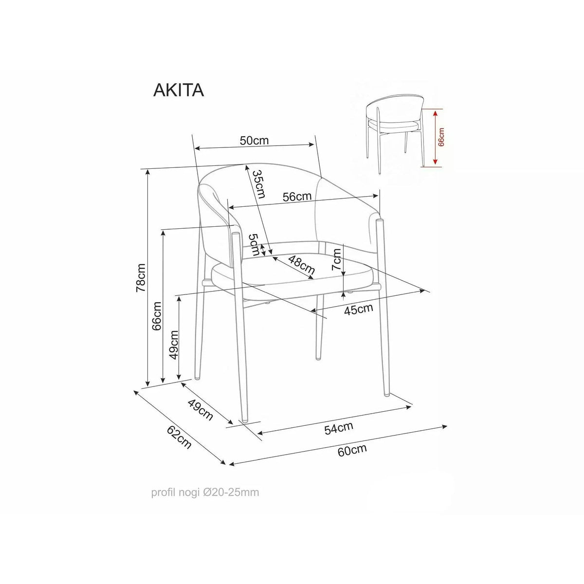 Scaun bucătărie Akita D – schiță cu dimensiuni