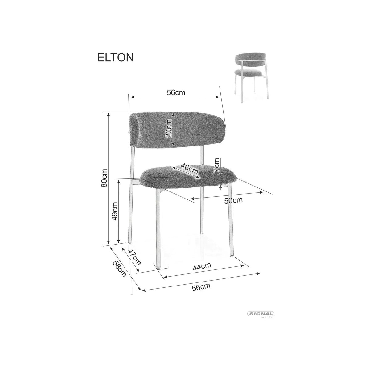 Scaun bucătărie Elton – schiță cu dimensiuni