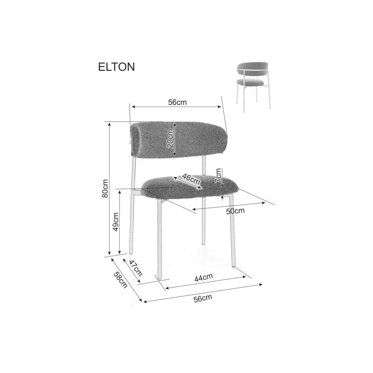 Scaun bucătărie Elton – schiță cu dimensiuni
