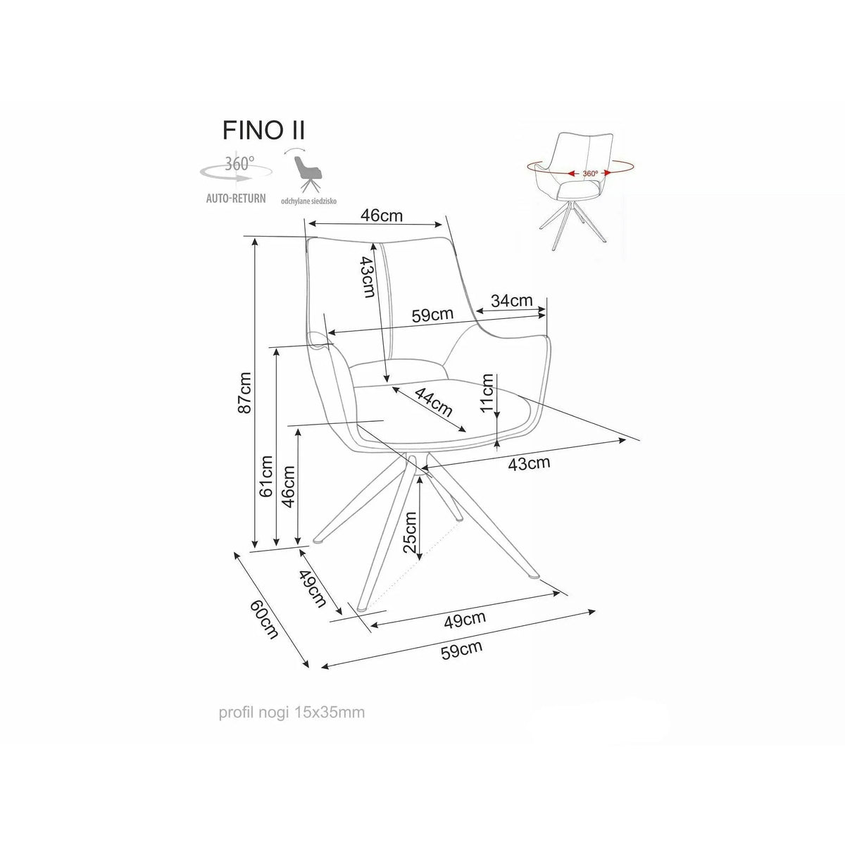 Scaun bucătărie Fino II – schiță cu dimensiuni