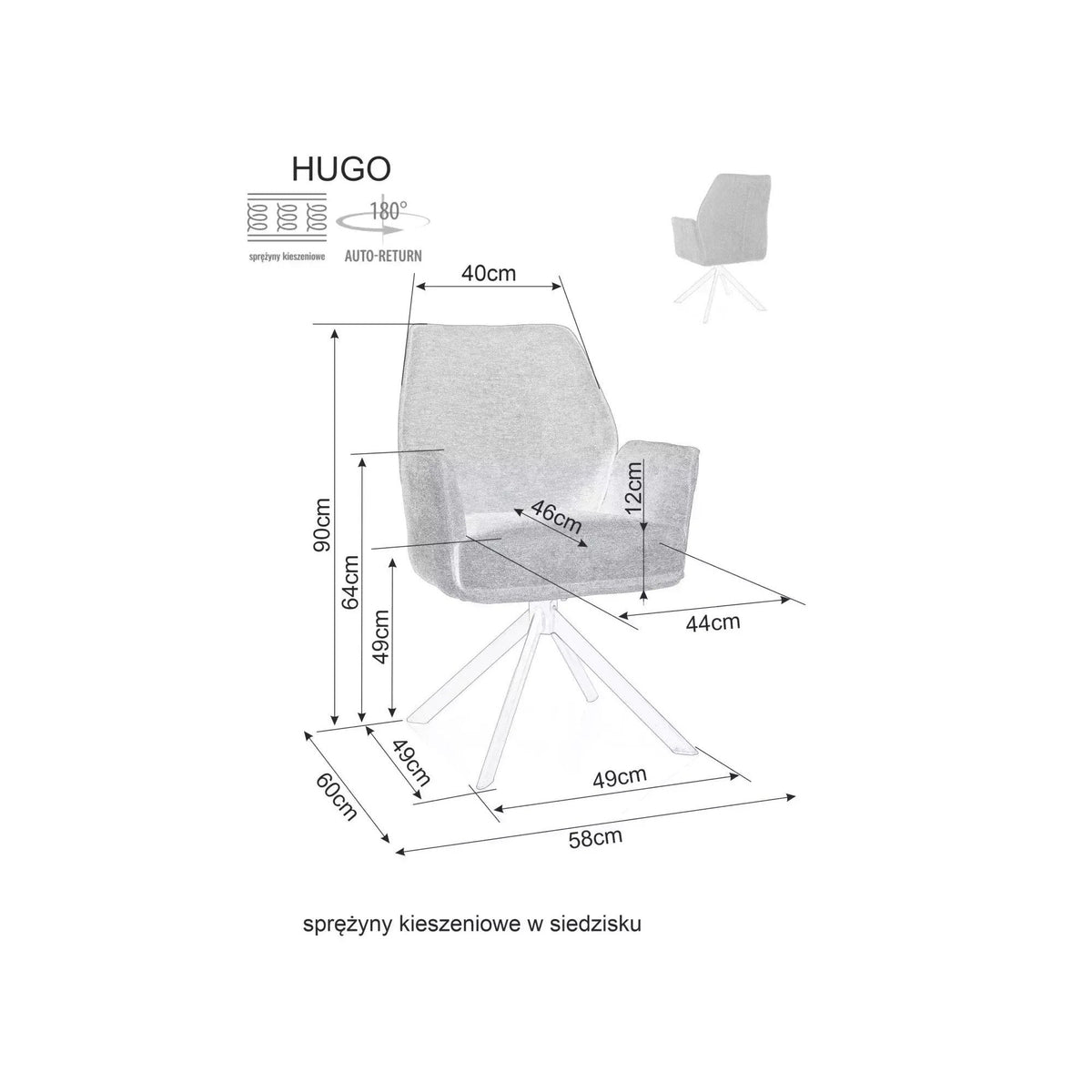 Scaun bucătărie Hugo – schiță cu dimensiuni