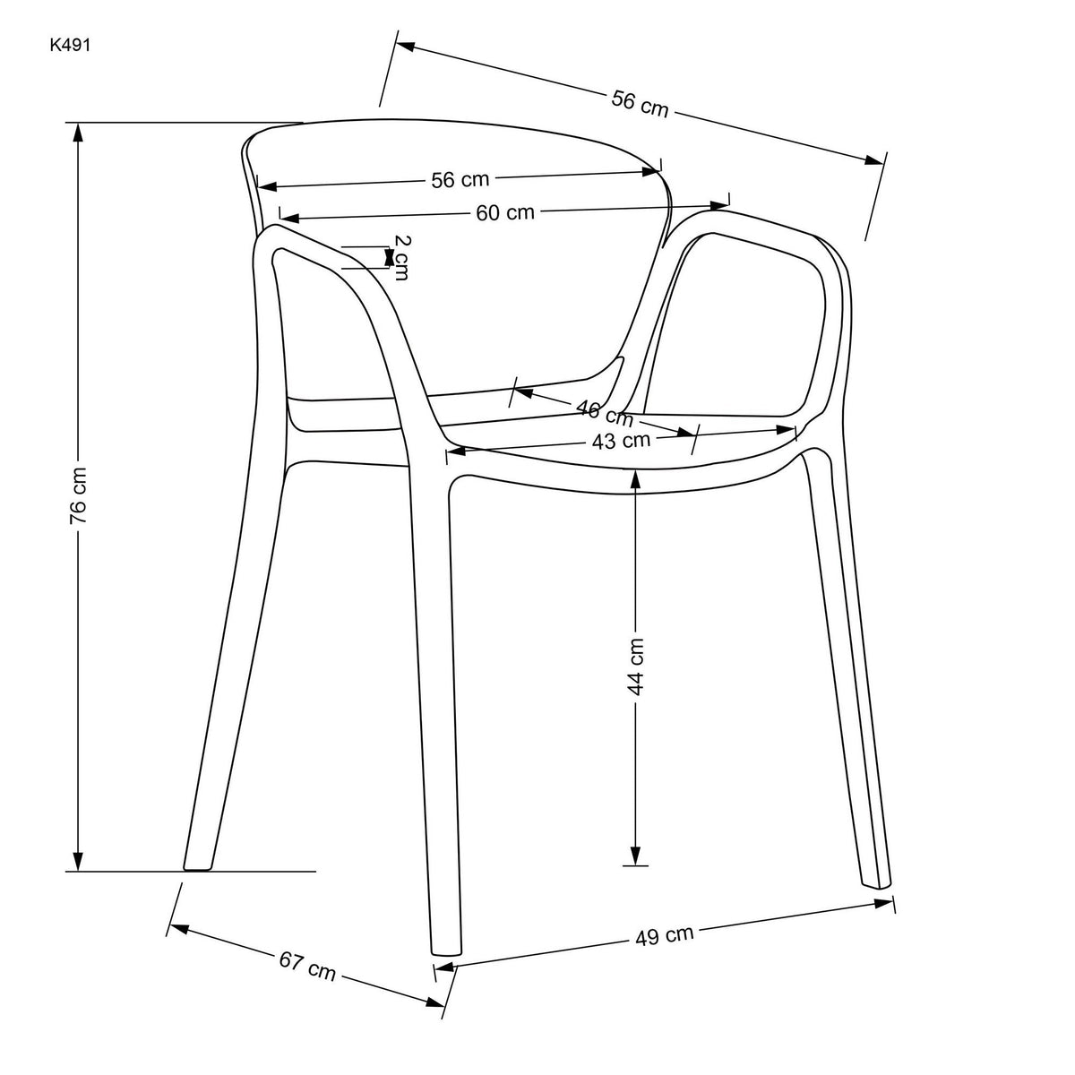 Scaun bucătărie K491 – schiță cu dimensiuni