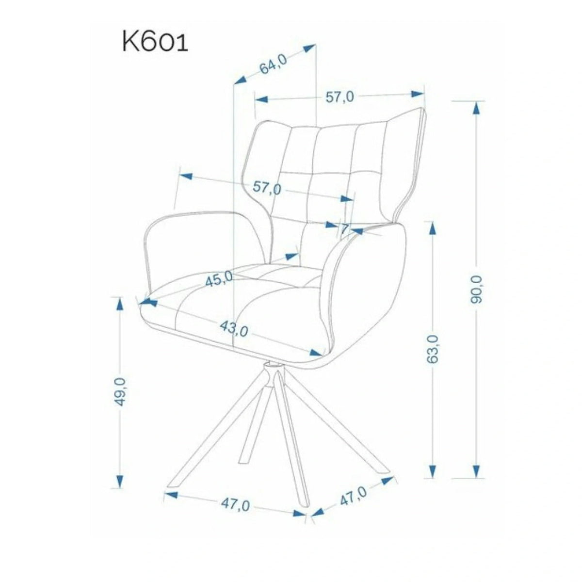 Scaun bucătărie K601 – schiță cu dimensiuni