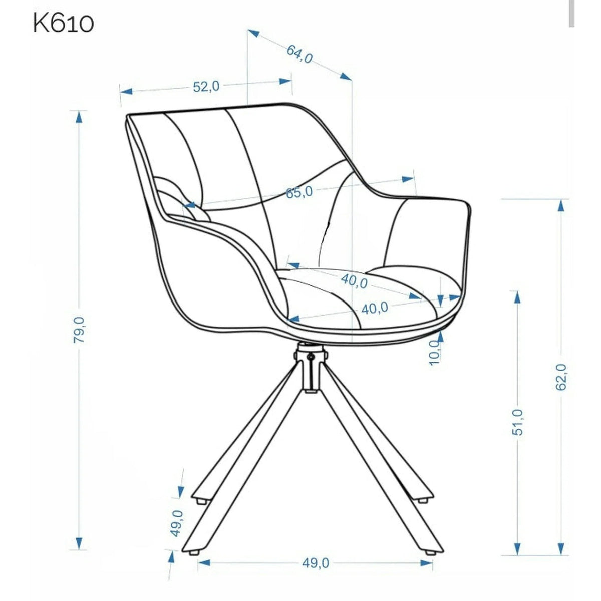 Scaun bucătărie K610 – schiță cu dimensiuni