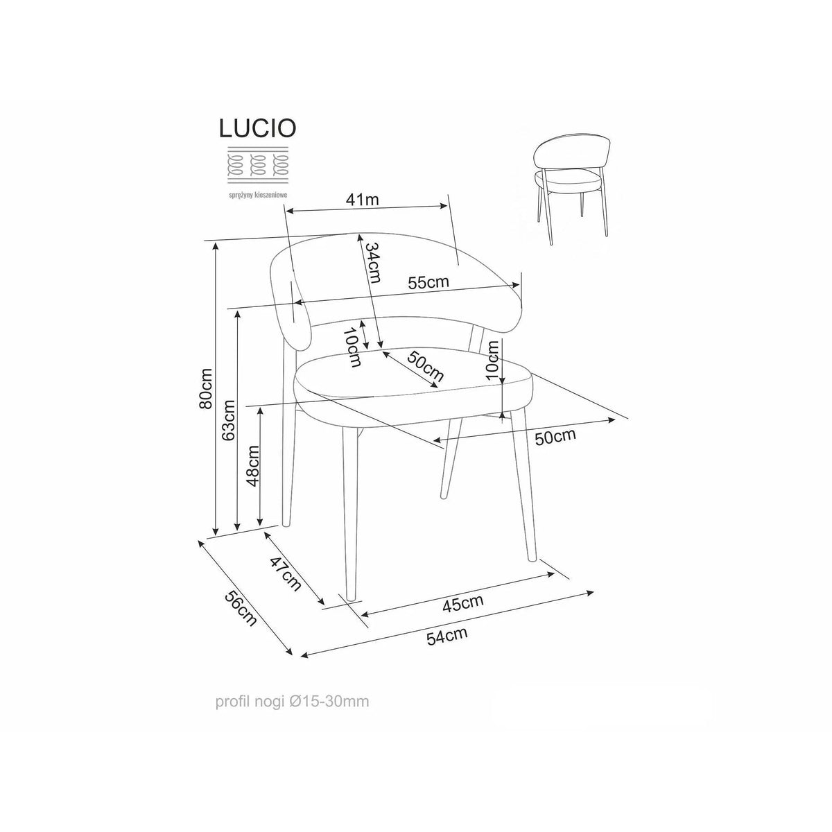 Scaun bucătărie Lucio – schiță cu dimensiuni
