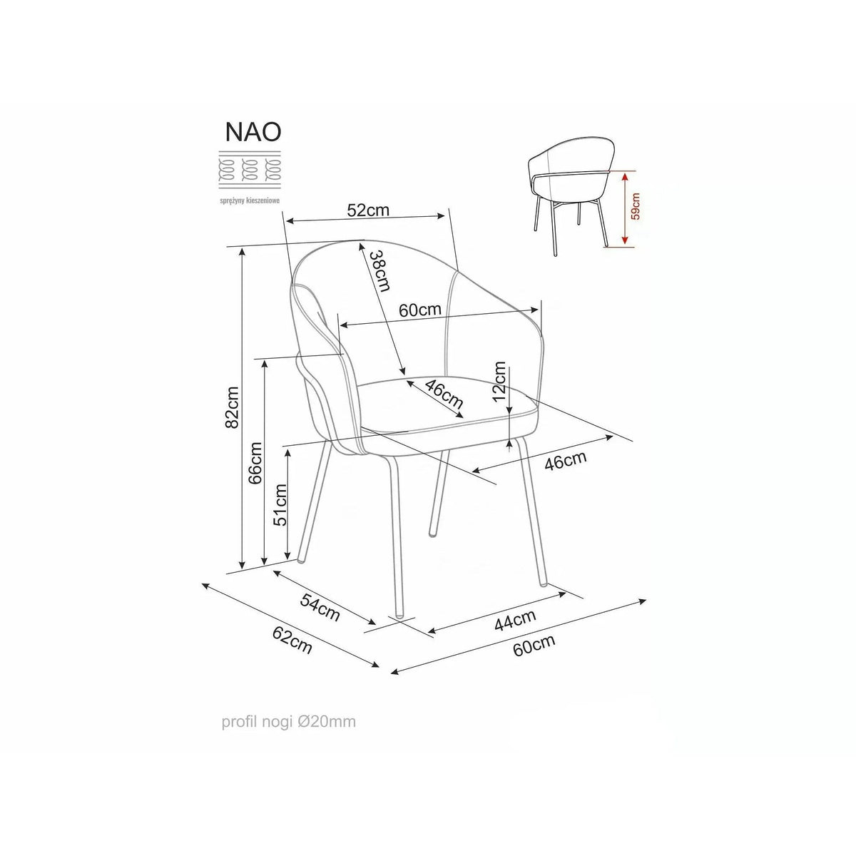 Scaun bucătărie Nao – schiță cu dimensiuni