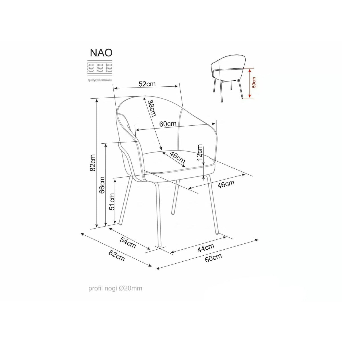 Scaun bucătărie Nao – schiță cu dimensiuni
