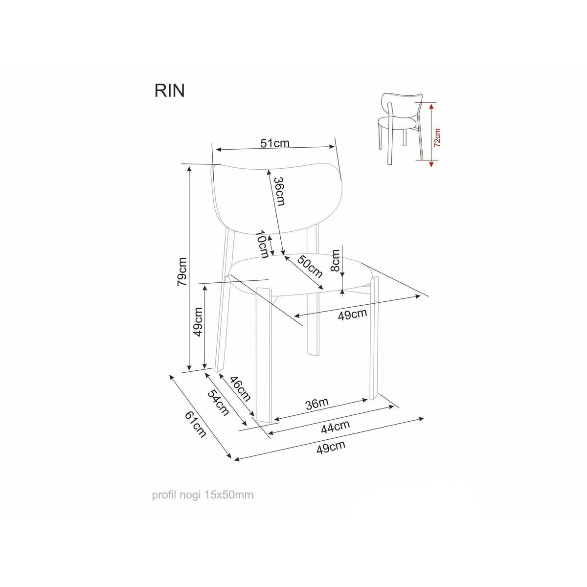 Scaun bucătărie Rin D – schiță cu dimensiuni
