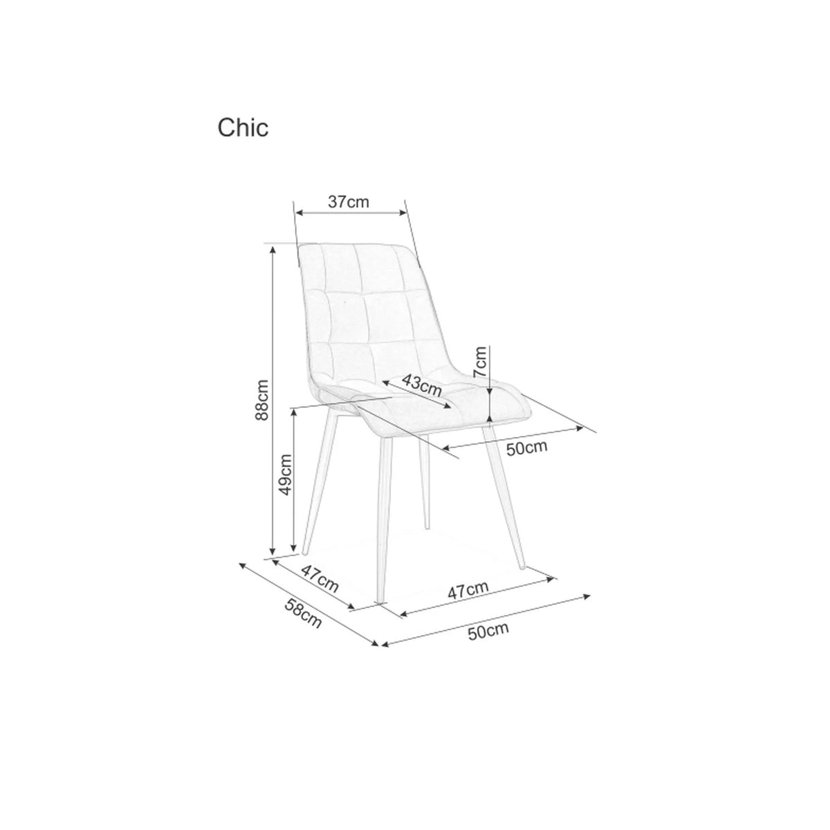 Scaun bucătărie Chic – schiță cu dimensiuni