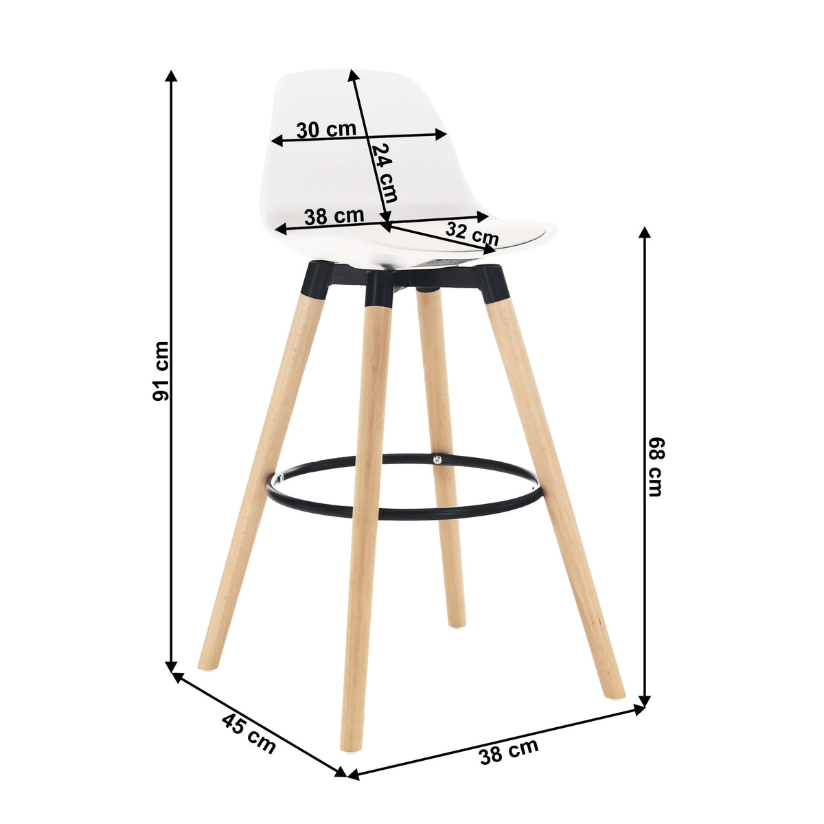 Scaun de bar Evans – schiță cu dimensiuni