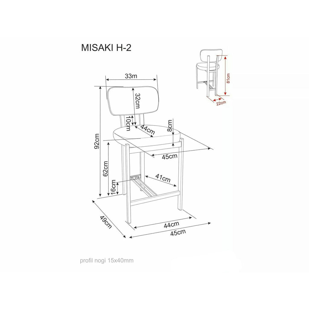 Scaun de bar Misaki H-2 – schiță cu dimensiuni