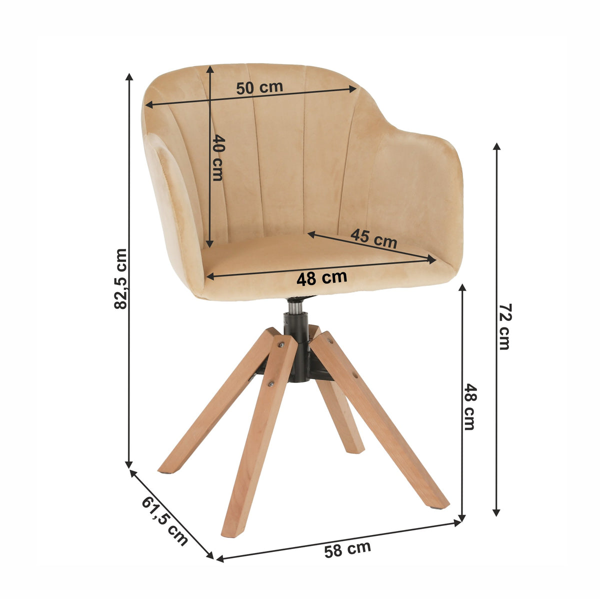 Scaun de birou Dalio – schiță cu dimensiuni