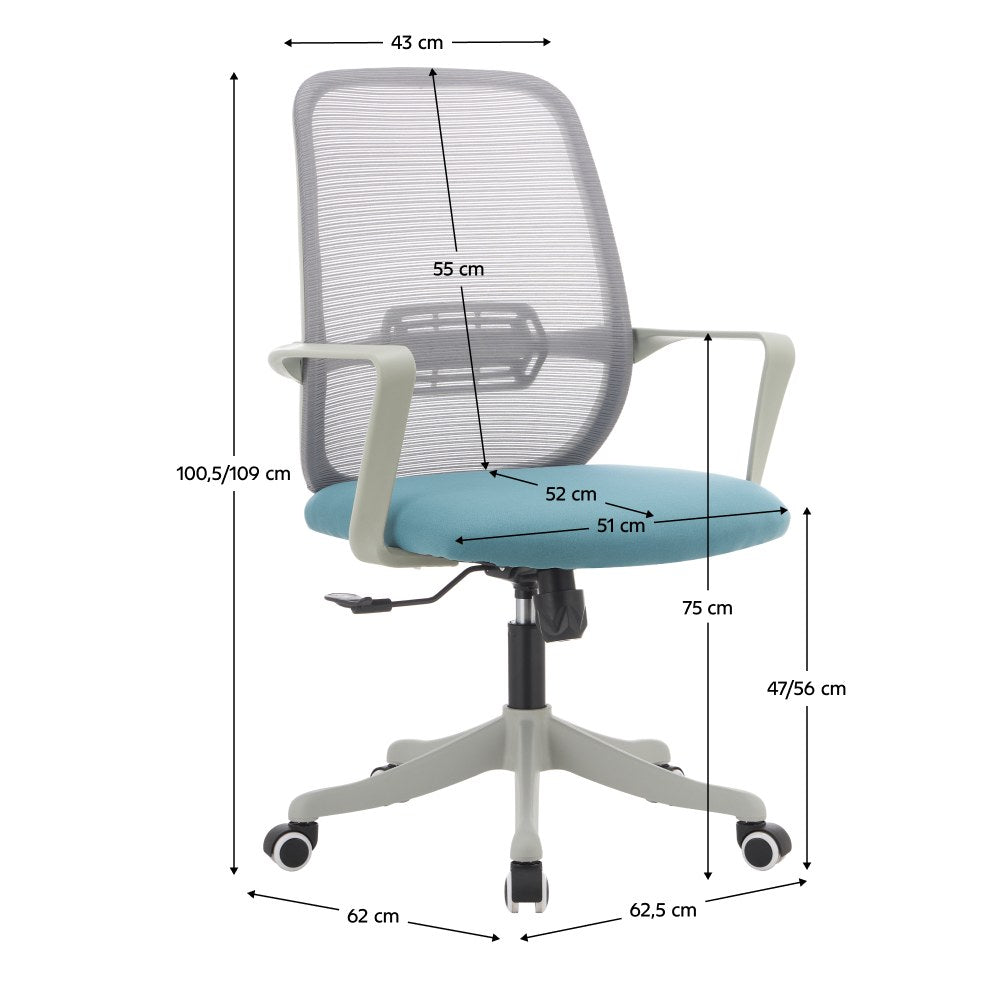 Scaun de birou Dervin – schiță cu dimensiuni