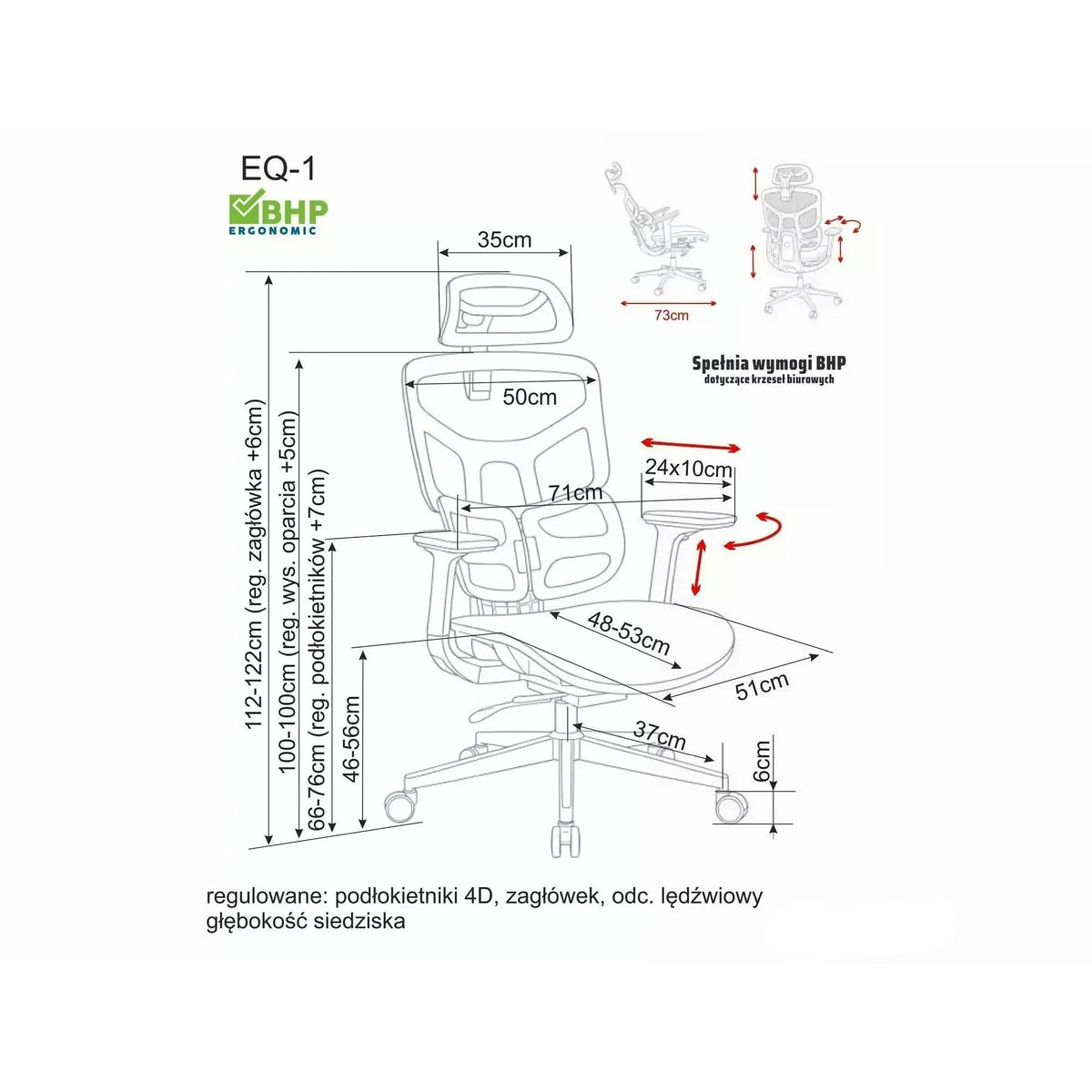 Scaun de birou EQ-1 – schiță cu dimensiuni