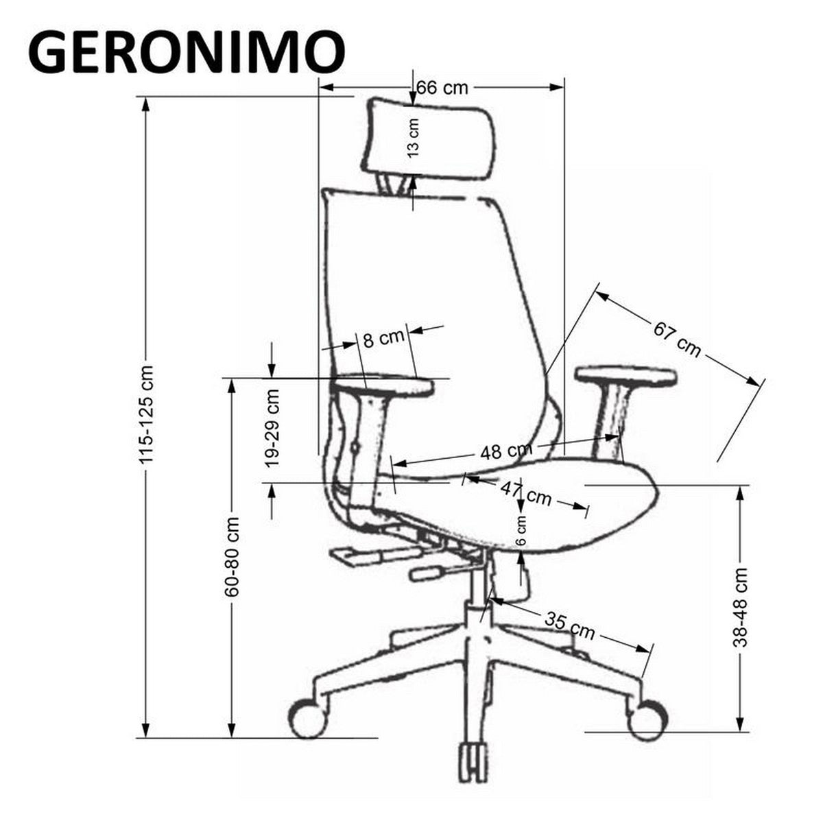Scaun de birou Geronimo – schiță cu dimensiuni