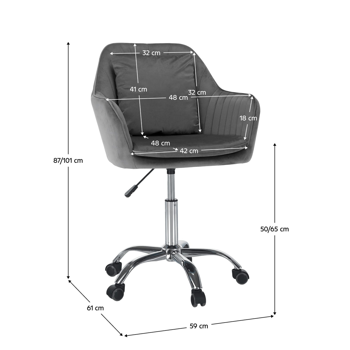Scaun de birou Klian – schiță cu dimensiuni