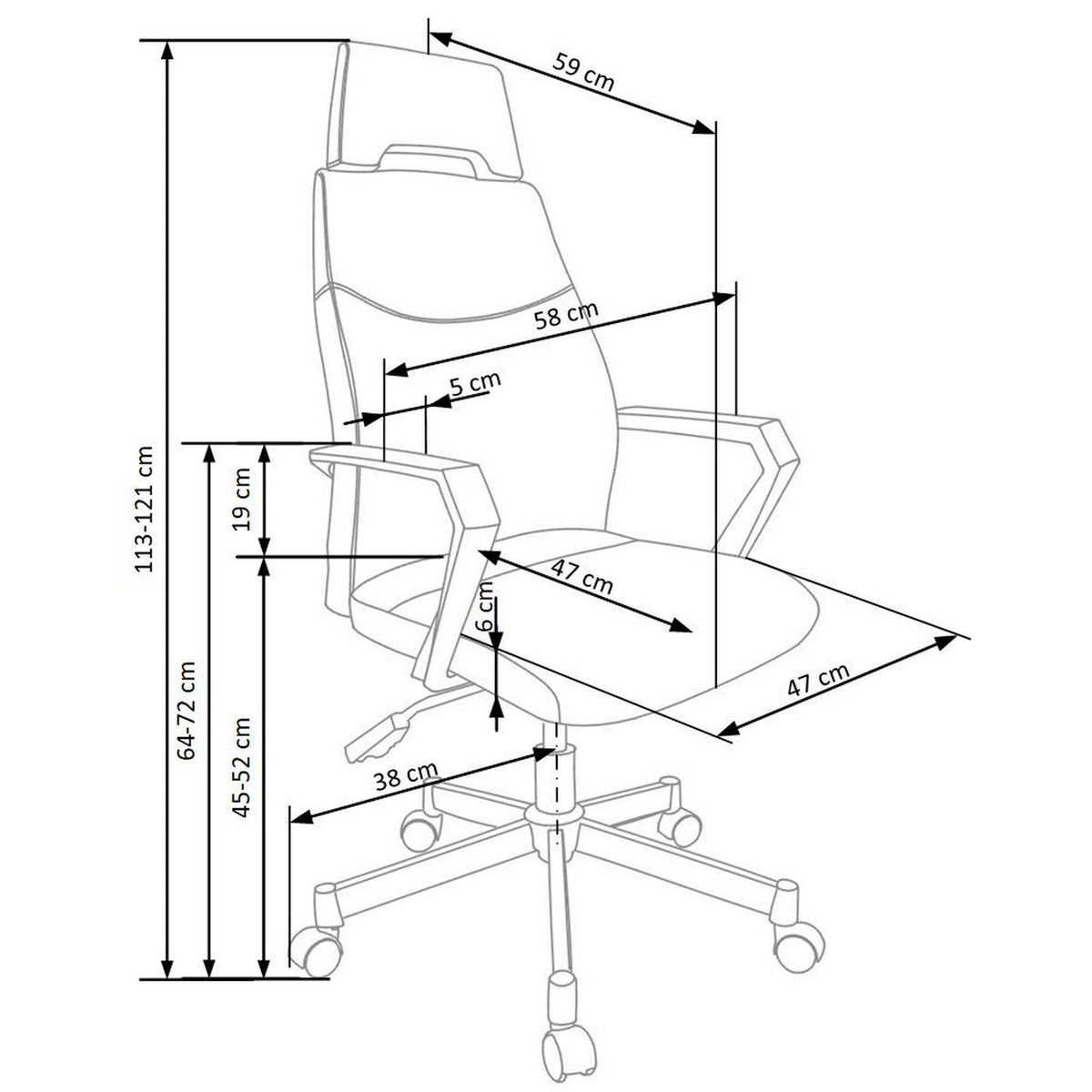 Scaun de birou Olaf – schiță cu dimensiuni